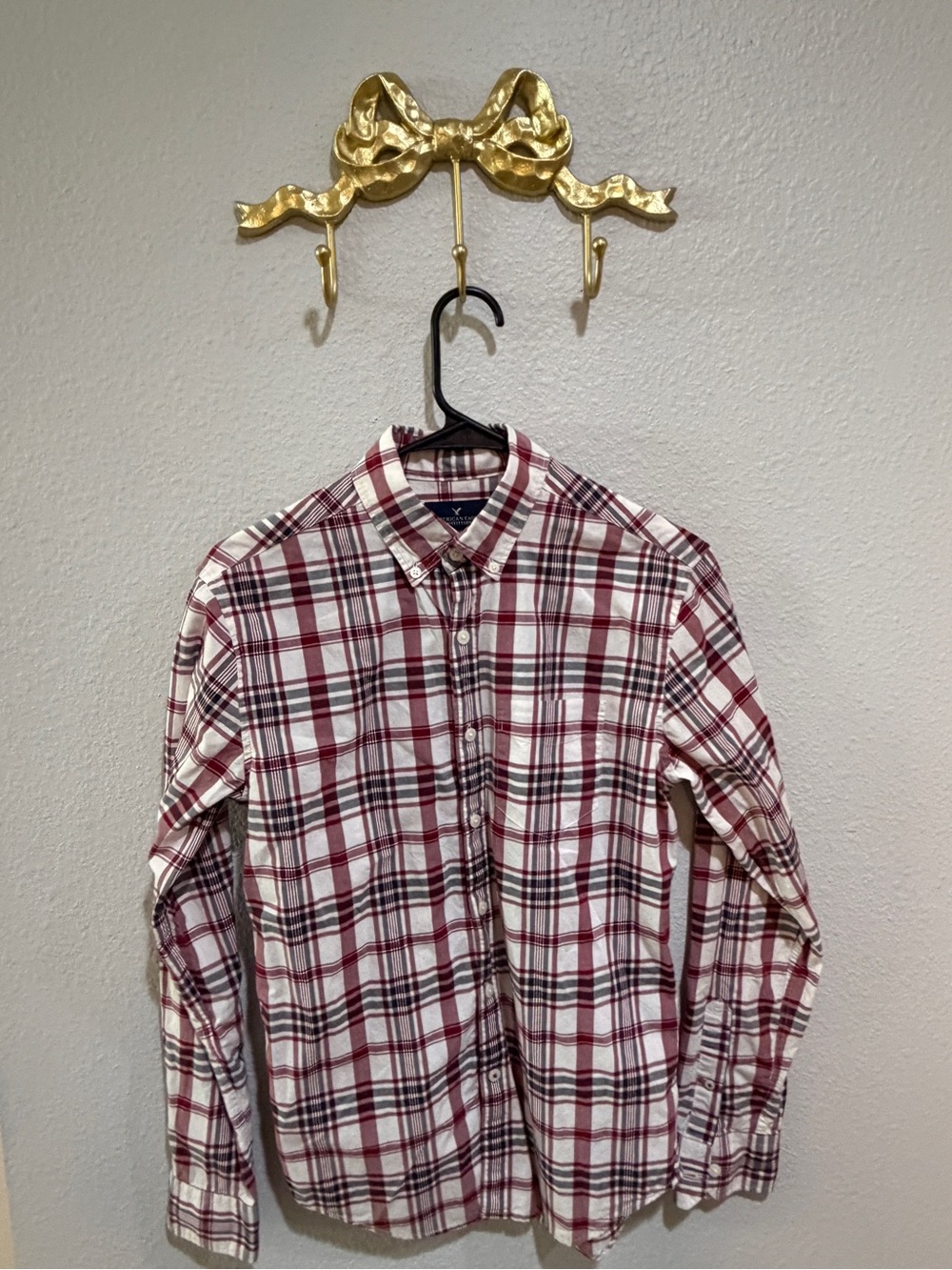 American Eagle Outfitters White & Burgundy Plaid Button-Up Shirt